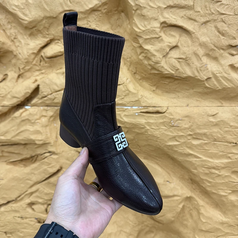 3cm/羊皮/高级感粗跟短靴女时尚显瘦袜靴芒果头中跟百搭中式皮靴