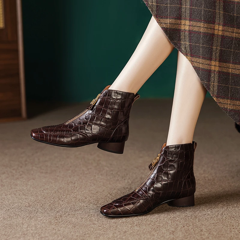 3cm/牛皮/真皮粗跟短靴女时尚格纹擦色法式复古方头中跟冬季皮靴