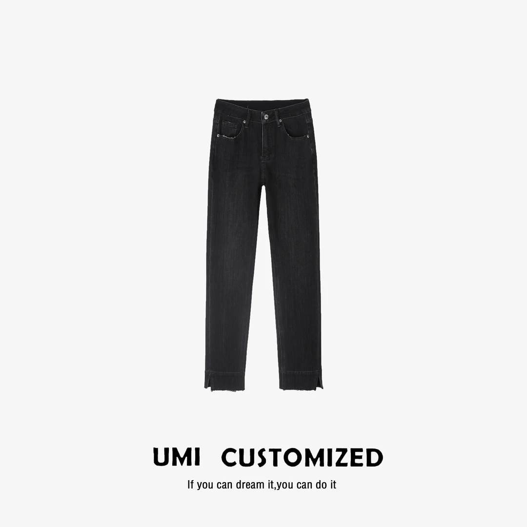 【UMI.】春秋款复古色洗水宽脚边内松紧腰头四面弹烟管九分牛仔裤