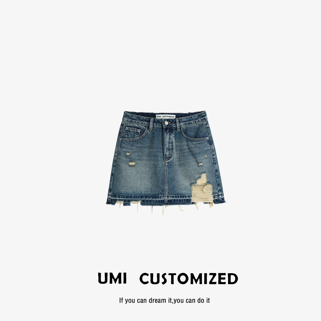 UMI "莫妮卡" 夏季防走光设计复古美式破洞磨毛牛仔裙 CUSTOMZED
