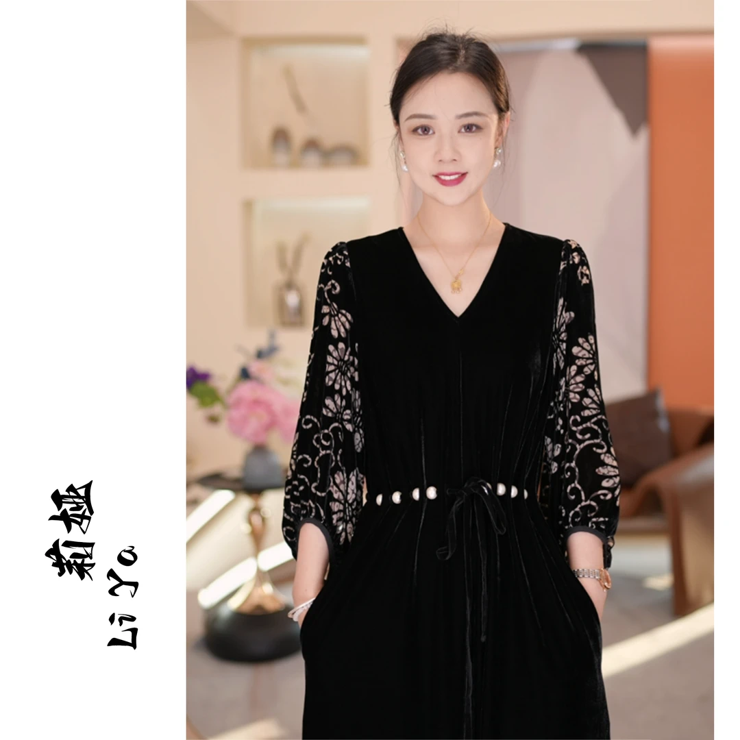 【CC专属】24121-CC裙王系列气质时尚简约百搭显瘦轻奢丝绒连衣裙