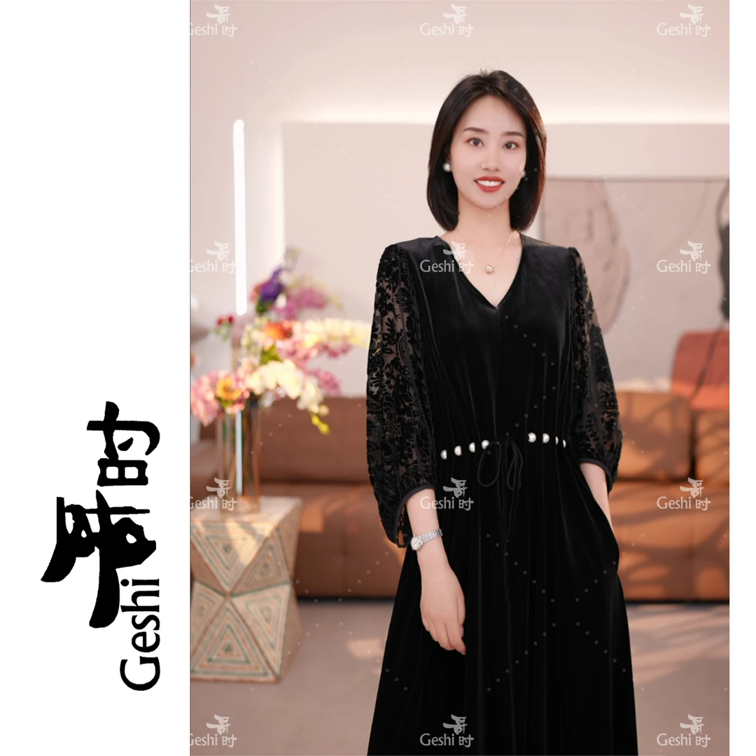 【欧港服饰】24153  裙王系列气质时尚简约百搭显瘦轻奢丝绒连衣裙