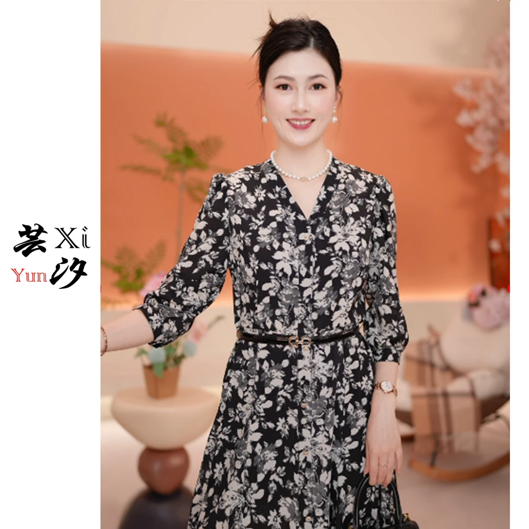 【芸汐专属】23011-LY 夏季碎花气质优雅名媛显瘦V领修身女装连衣裙