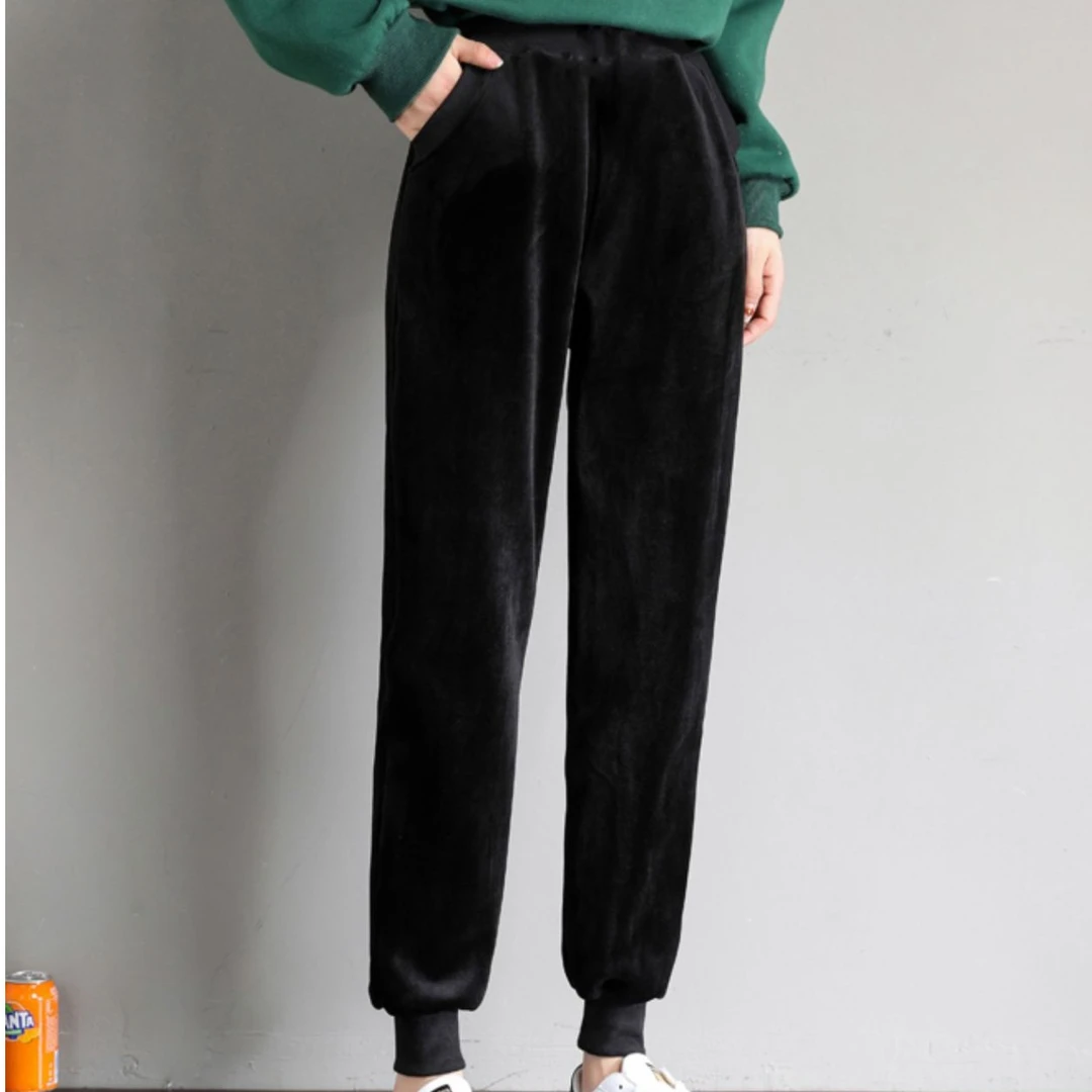 朵袖丽双面绒加绒加厚束脚裤子女2024新款宽松运动休闲裤双面绒