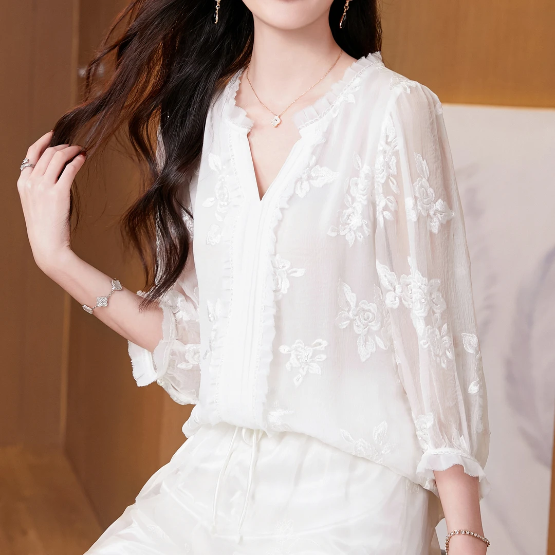 【DuShang】花开半夏~气质重工珠片桑蚕丝顺纡小众绣花上衣HY4166
