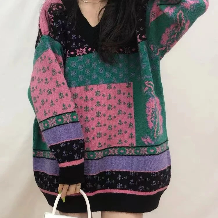 万九儿秋冬款时尚百搭撞色V领针织衫套头拼色女装上衣毛衣A1012