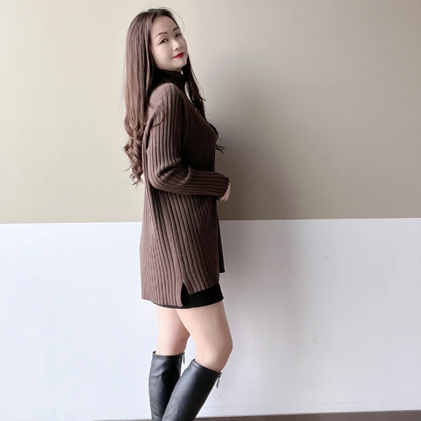 万九儿秋冬款百搭堆堆领高领宽松坑条套头长袖针织中长款毛衣919