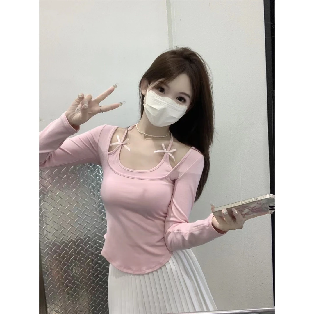 纯欲少女系带挂脖假两件长袖T恤女秋纯欲蝴蝶结弧边下摆短款上衣
