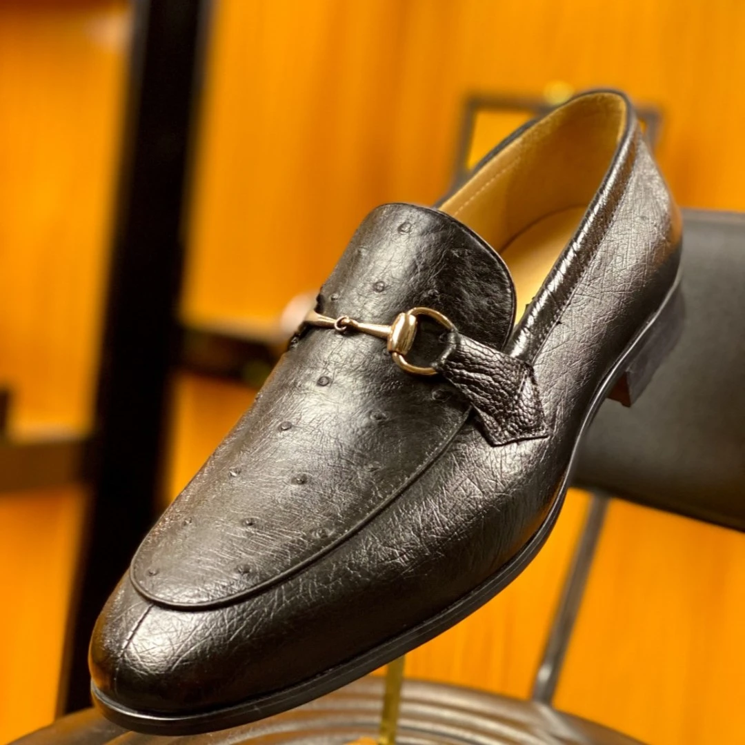 南非进口全鸵鸟皮男士轻奢乐福鞋商务舒适一脚蹬百搭平跟经典薄款