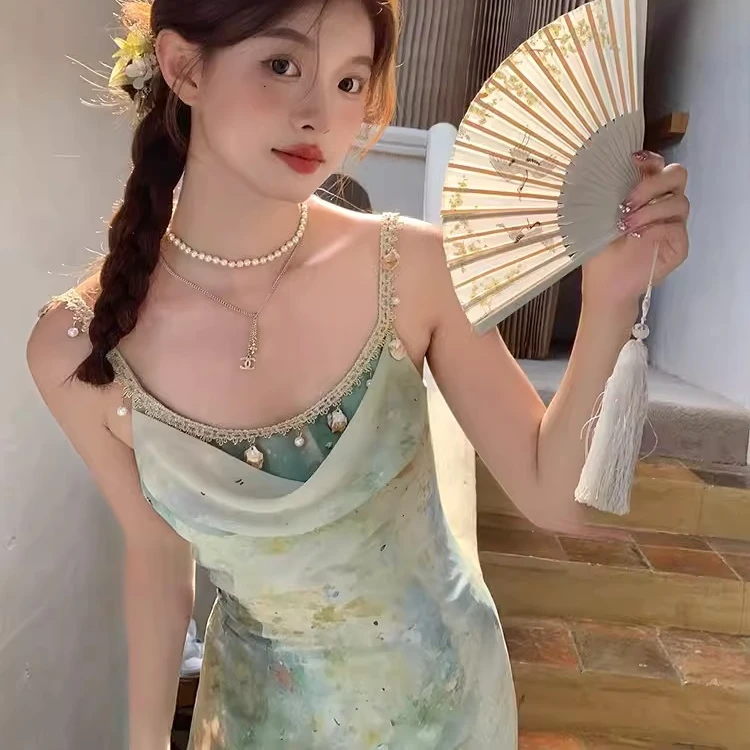 夏季收腰女中长款裙子薄荷冰萃渐变鱼尾a字连衣裙海边ins法式浪漫