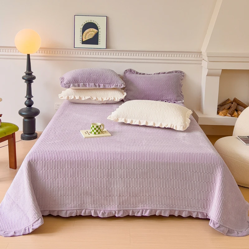 A类加厚牛奶绒夹棉床盖秋冬季保暖床褥三件套不滑床可机洗防滑