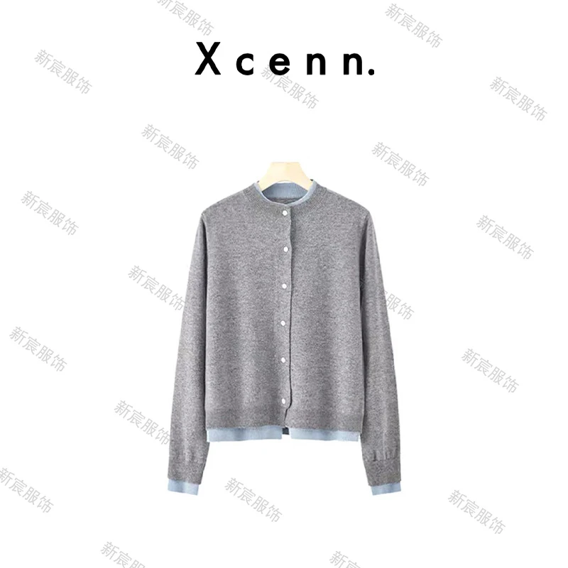 【新宸Xcenn】含山羊绒简约轻奢时尚撞色针织开衫女