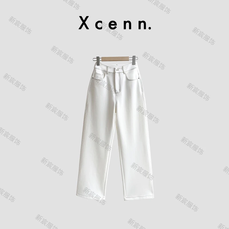 【新宸Xcenn】春季高腰金色明线设计百搭直筒阔腿长裤 LIY0A5099
