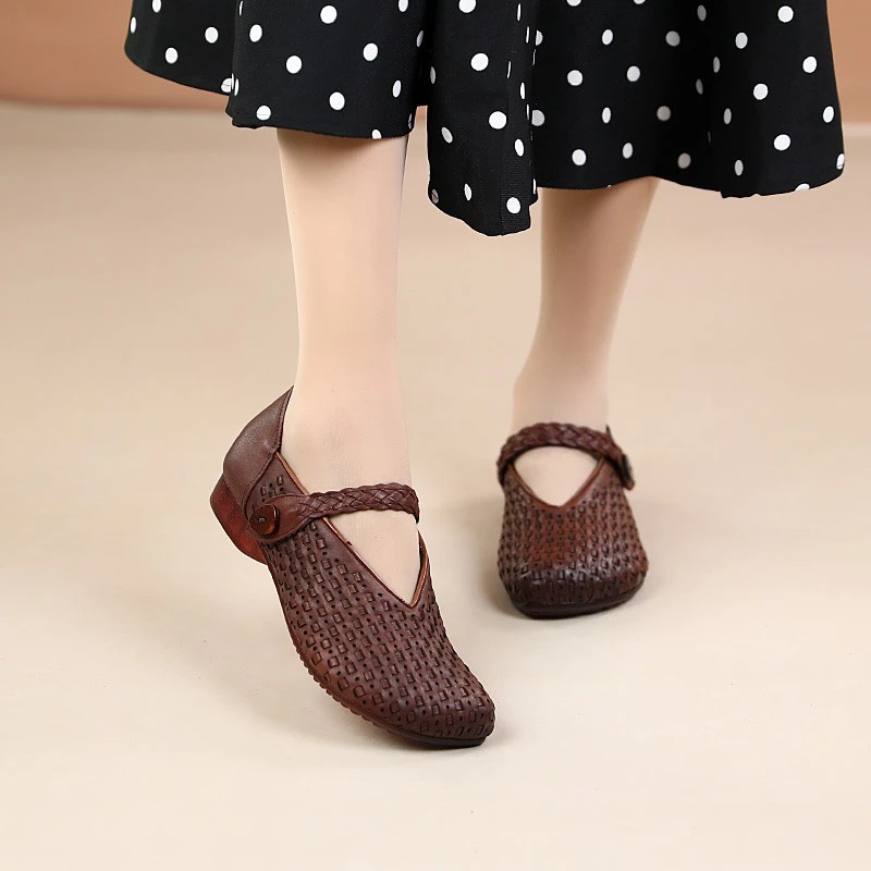 手工编织复古圆头平底民族风单鞋女真皮民族风软底休闲舒适妈妈鞋
