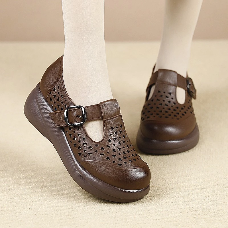 民族风复古真皮单鞋女春季新款镂空洞洞凉鞋休闲百搭厚底松糕鞋女
