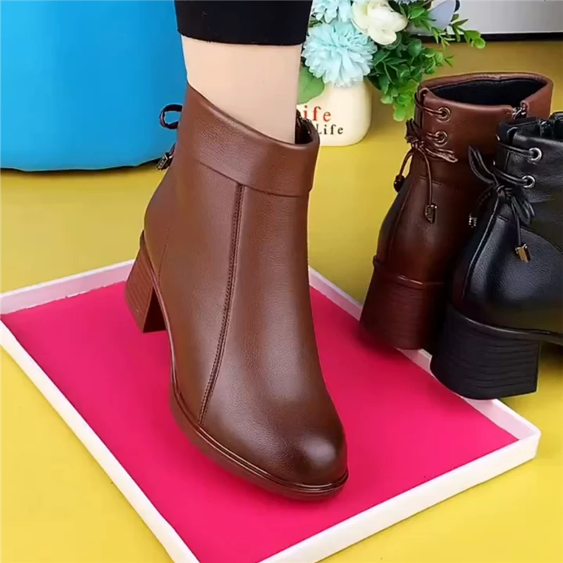 短靴女真皮圆头中粗跟靴子女复古棉鞋女冬加绒侧拉链软底马丁靴女