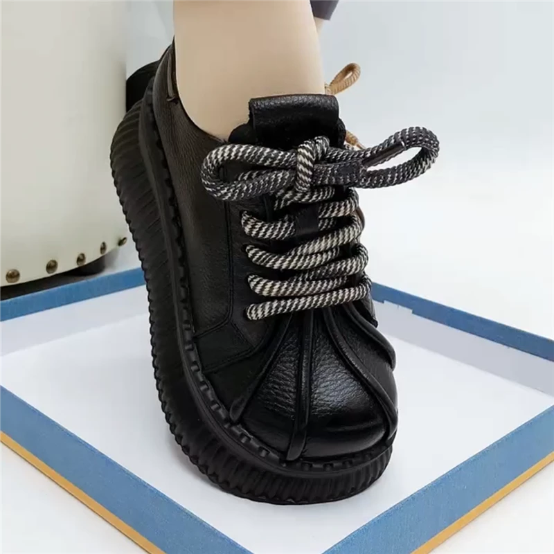 单鞋女真皮圆头深口松糕厚底皮鞋系带休闲百搭增高软皮软底妈妈鞋