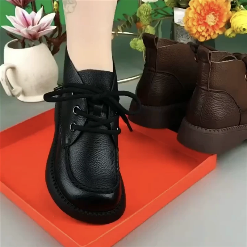 短靴女真皮圆头平底系带靴子女复古单靴棉鞋女冬加绒软底马丁靴女