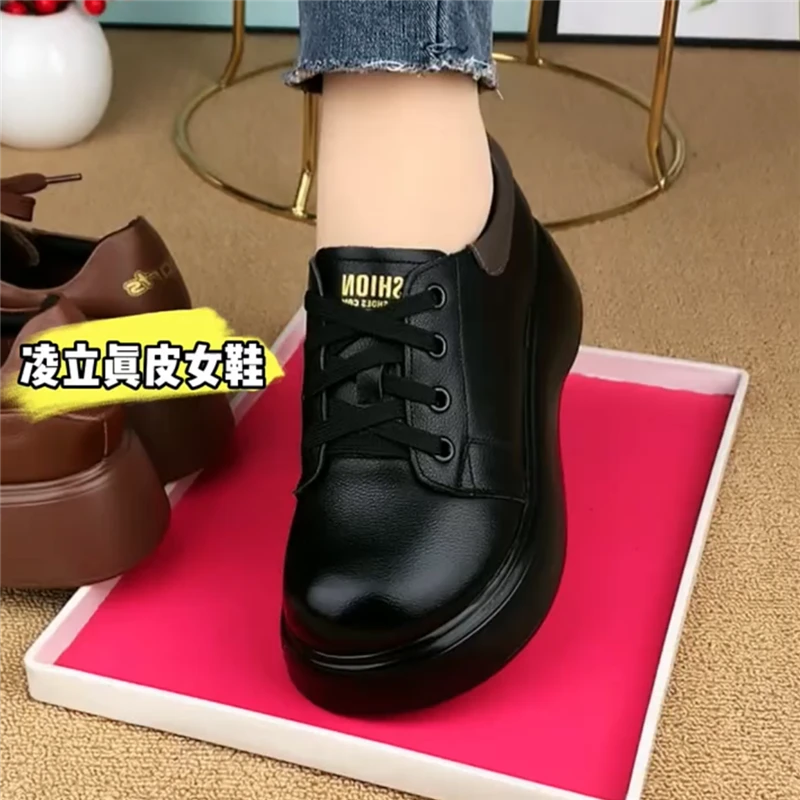 单鞋女真皮圆头深口厚底系带皮鞋女复古休闲鞋百搭软皮软底妈妈鞋