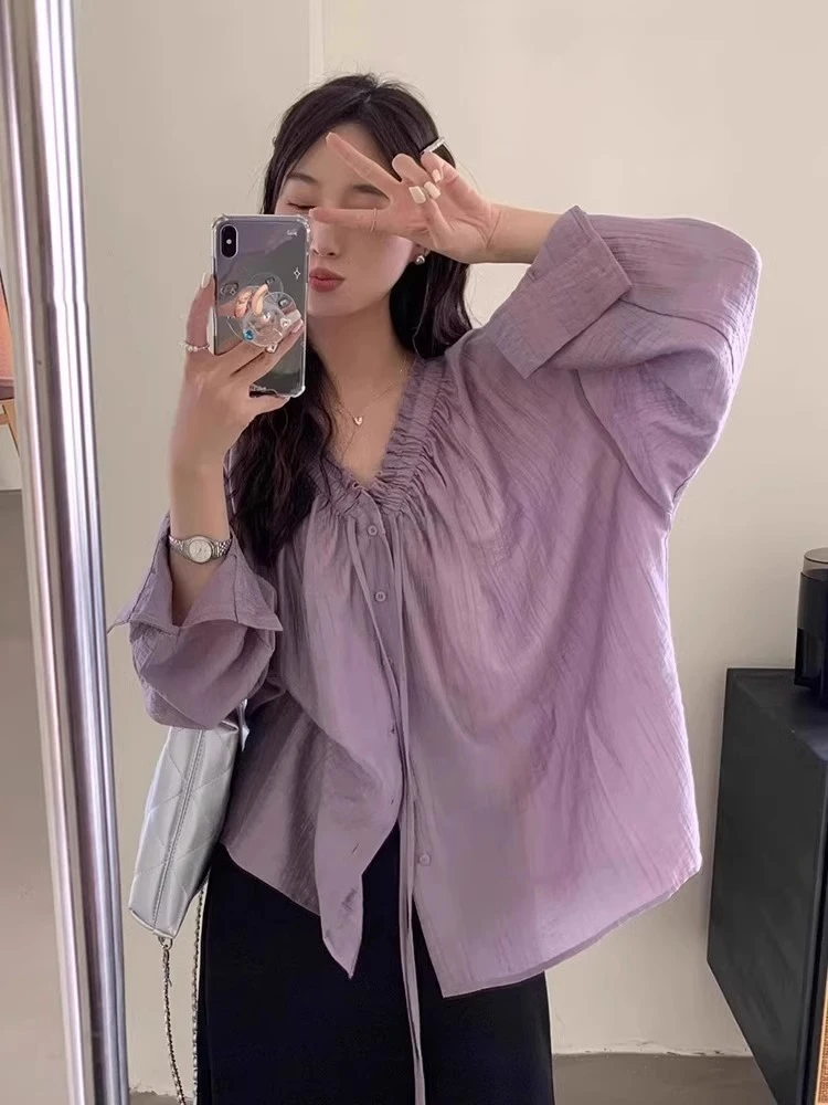 法式v领木耳边长袖衬衫女春秋外搭开衫高级感慵懒衬衣设计感上衣