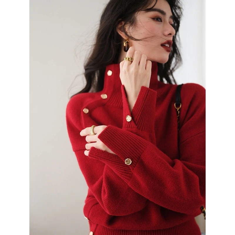 高级感复古本命年红色高领毛衣女秋冬季加厚斜扣设计感针织衫上衣
