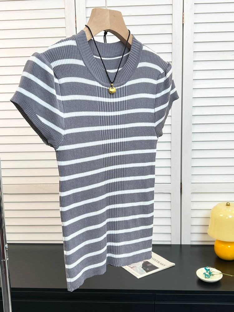 灰色条纹小飞袖圆领短袖t恤女夏季薄款高级感修身针织衫正肩上衣
