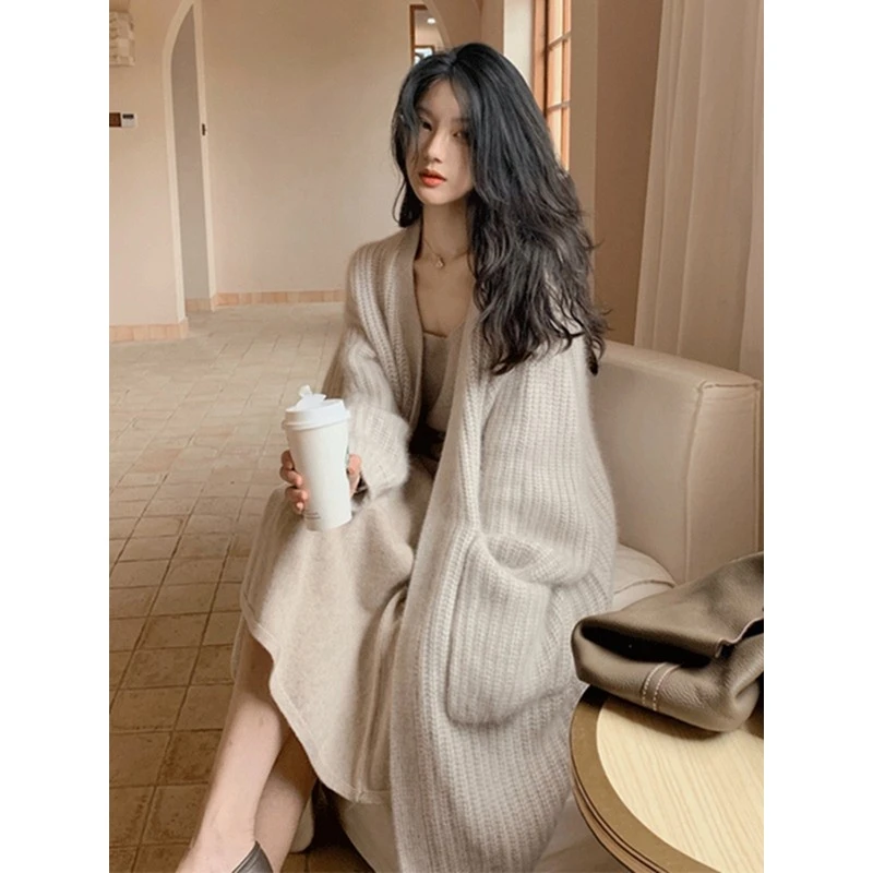 宽松慵懒风中长款保暖针织开衫女秋冬加厚复古粗线毛衣外套上衣