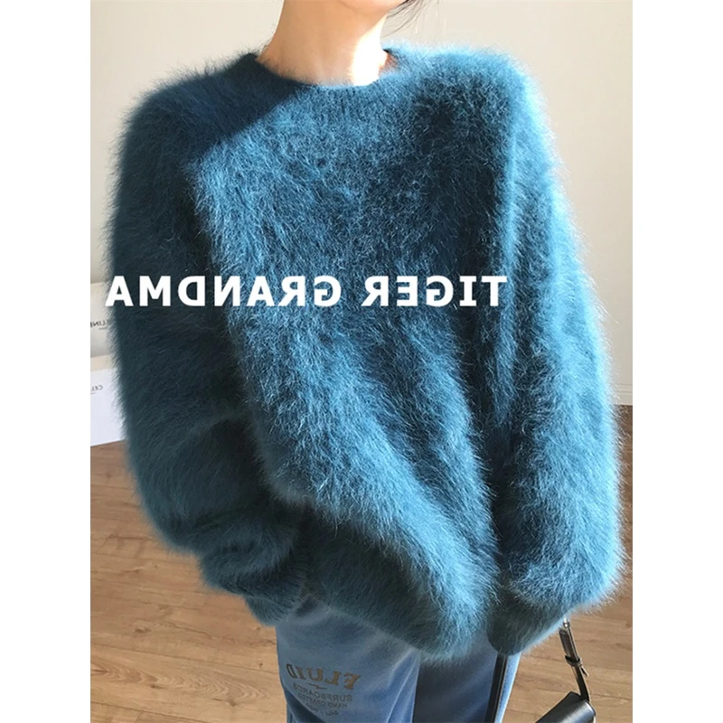 蓝色水貂绒圆领超仙毛衣女秋冬加厚温柔软糯针织衫慵懒风欧货上衣