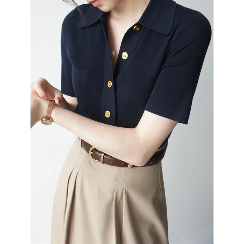 冰丝翻领polo衫短袖针织衫女夏季法式气质高级感修身上衣薄款t恤