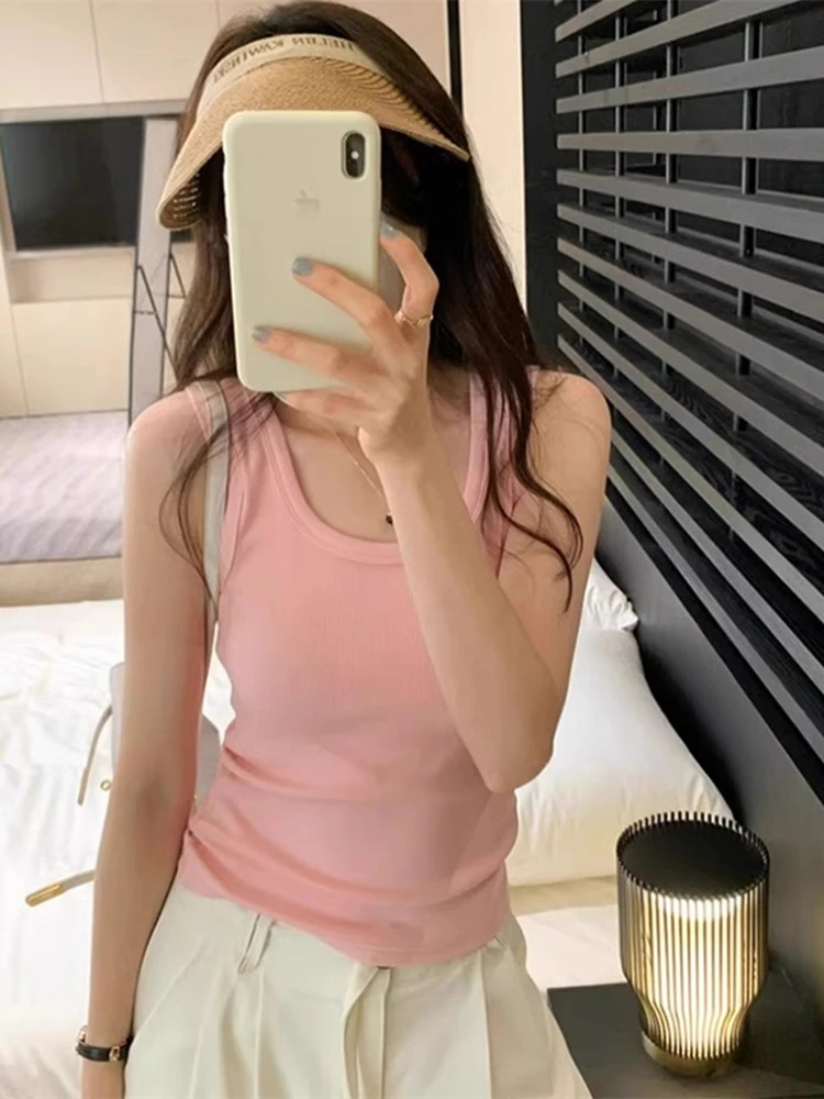 粉色螺纹工字u领吊带背心女夏季修身显瘦遮副乳内搭无袖上衣外穿