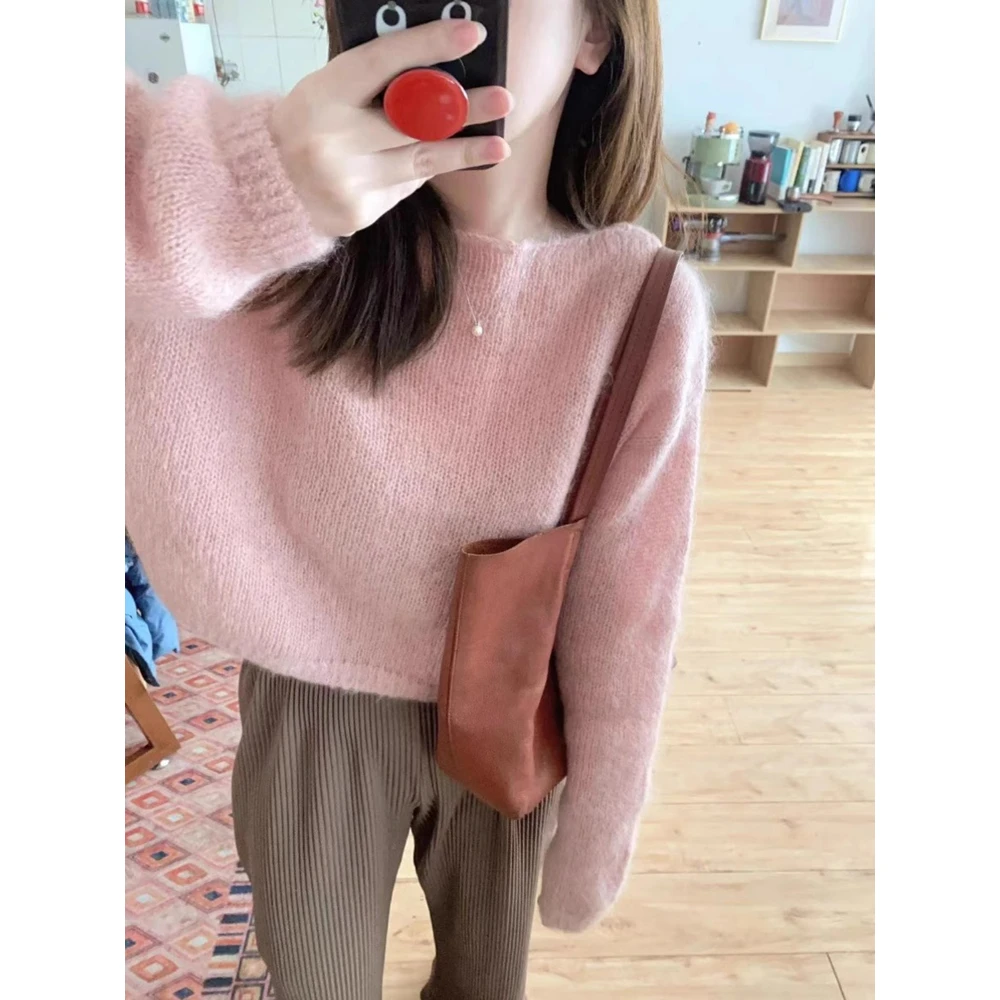 温柔氛围感粉色马海毛针织衫女秋冬奶fufu慵懒风宽松毛衣短款上衣