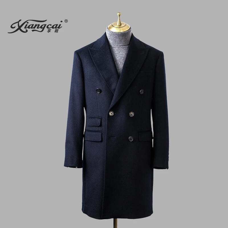 享裁藏青色枪驳领商务双排扣男士中长款羊毛大衣男外套秋冬