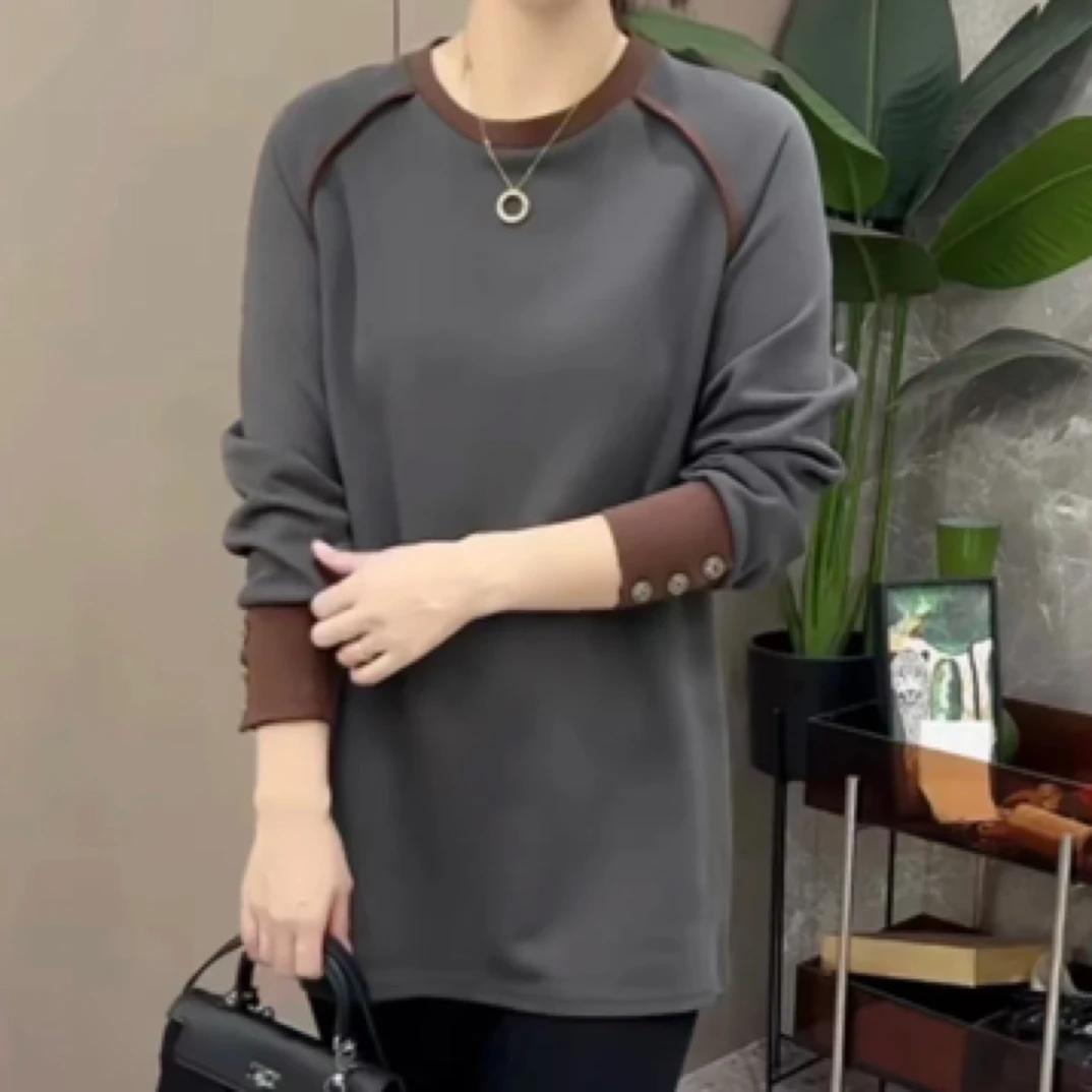 新款韩版欧货圆领大T拼接袖口纽扣休闲百搭宽松洋气中长款大衫