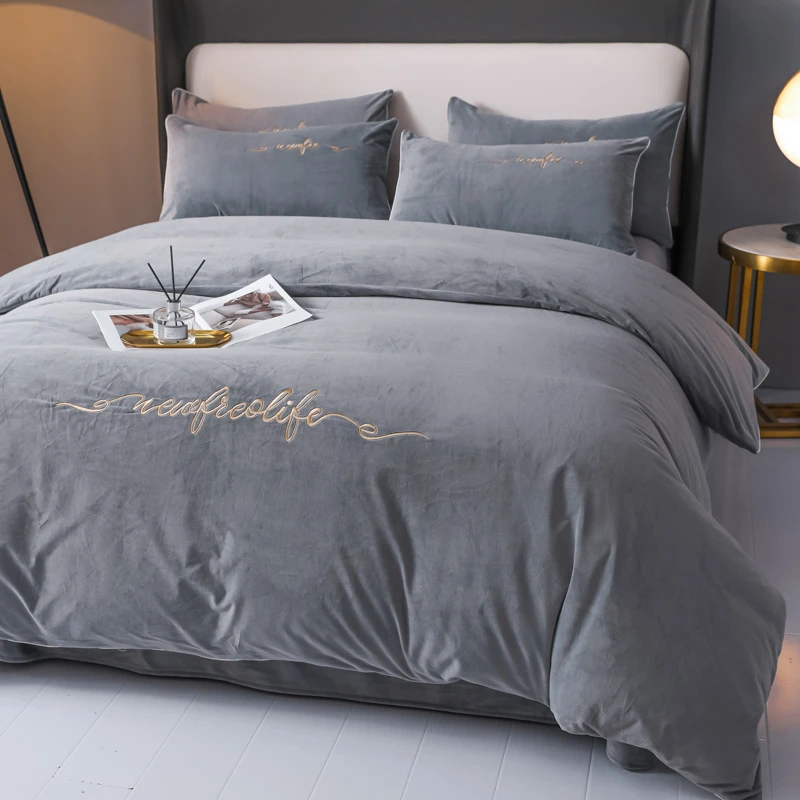水星家纺牛奶绒四件套毛绒A类纯色毛绒被套冬天加绒双面绒水晶绒4