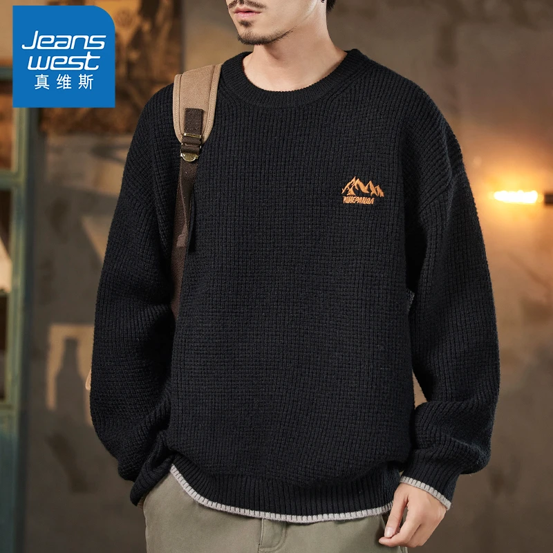 真维斯圆领毛衣男士秋冬新款潮牌美式套头打底衫男加厚针织毛线衣