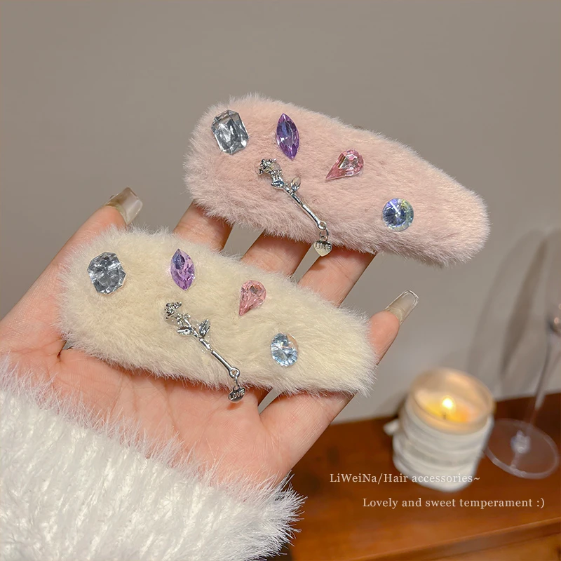 冬季ins毛绒发夹女前额侧边刘海夹碎发无痕夹子bb夹发卡头饰水钻