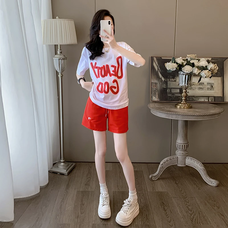 时尚休闲运动套装女2025新款夏季宽松洋气显瘦大码上衣短裤两件套