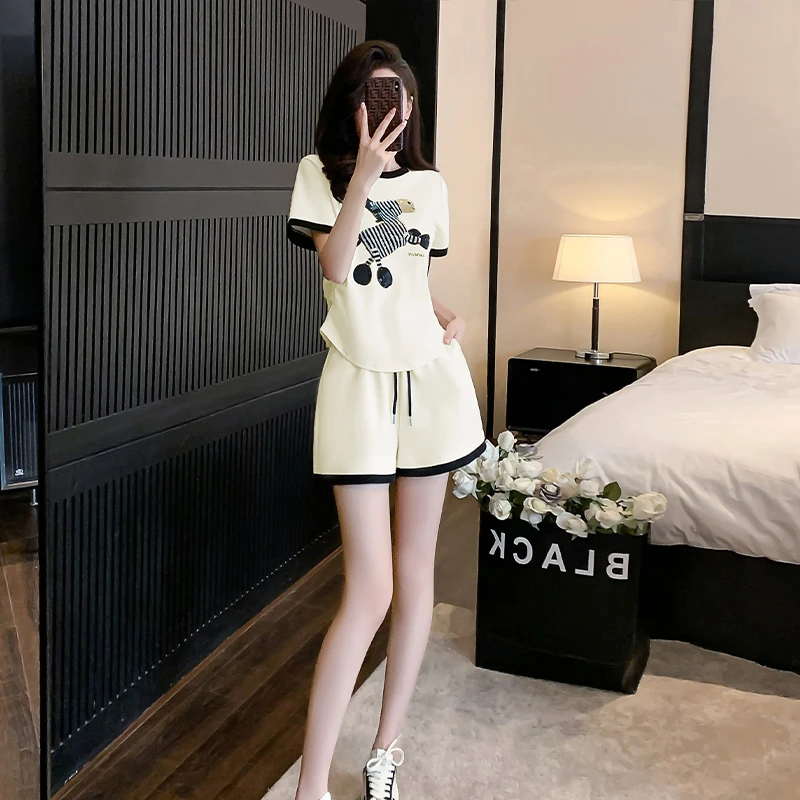 休闲运动套装女2025夏季新款时尚减龄显瘦小斑马短袖短裤两件套潮
