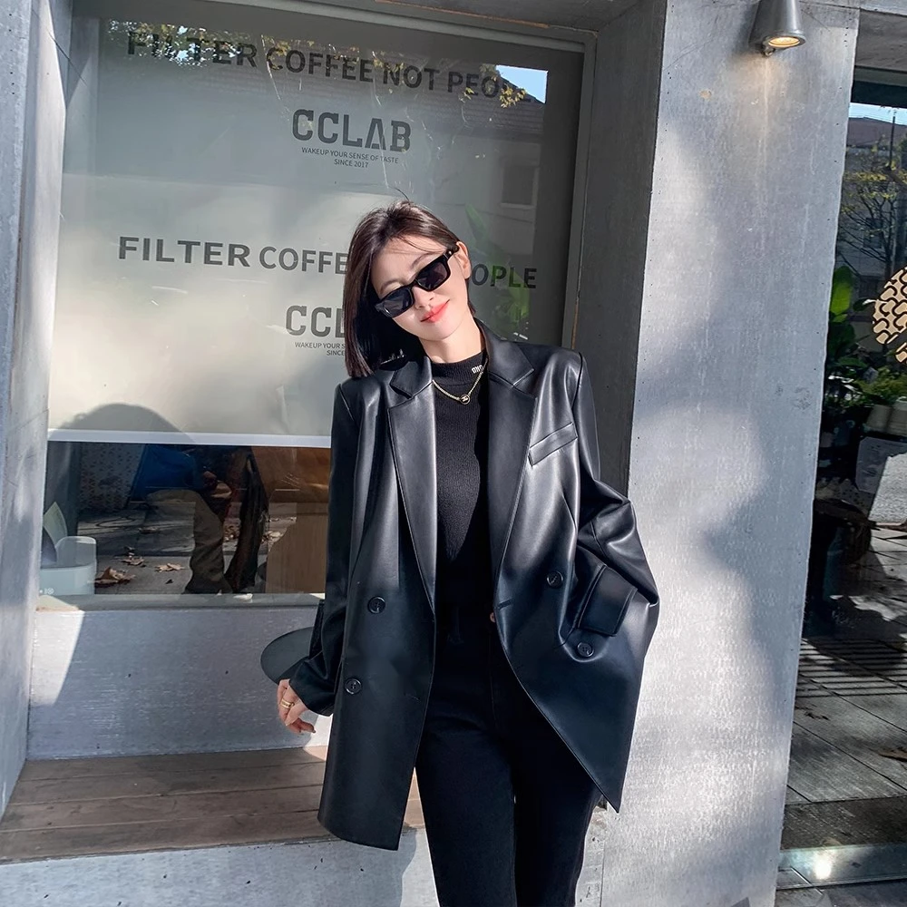 2025新款秋冬黑色复古休闲皮衣女外套PU皮西装百搭宽松显瘦气质