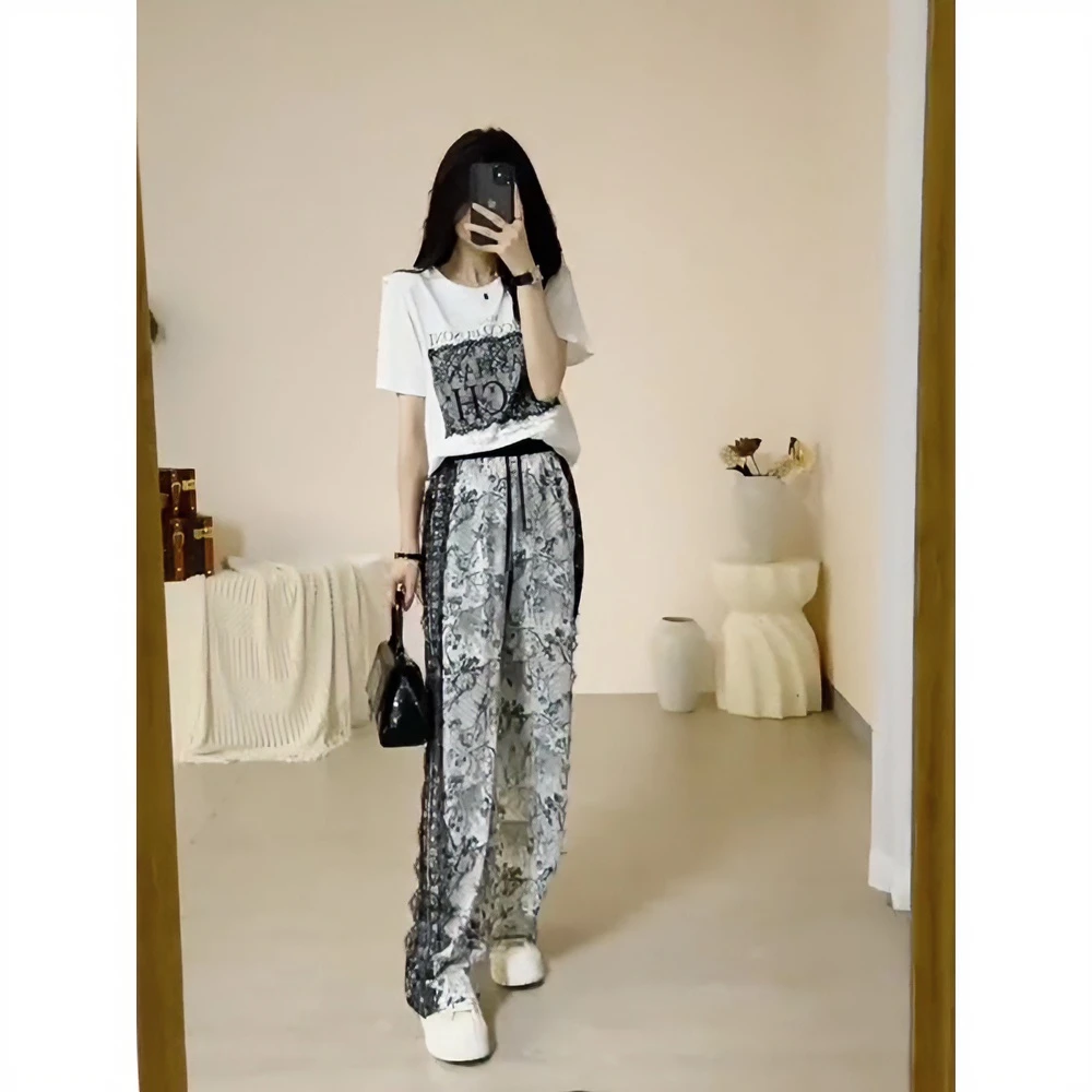 2025夏季新款蕾丝拼接印花T恤休闲运动减龄阔腿裤女飘逸裤套装女