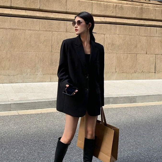 2025新款春秋西装外套女黑色西装韩版垫肩宽松休闲高级感西服女