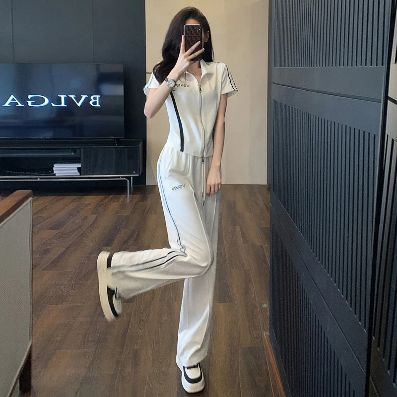 白色高端运动休闲套装女2025夏季新款时尚减龄阔腿裤短袖两件套潮
