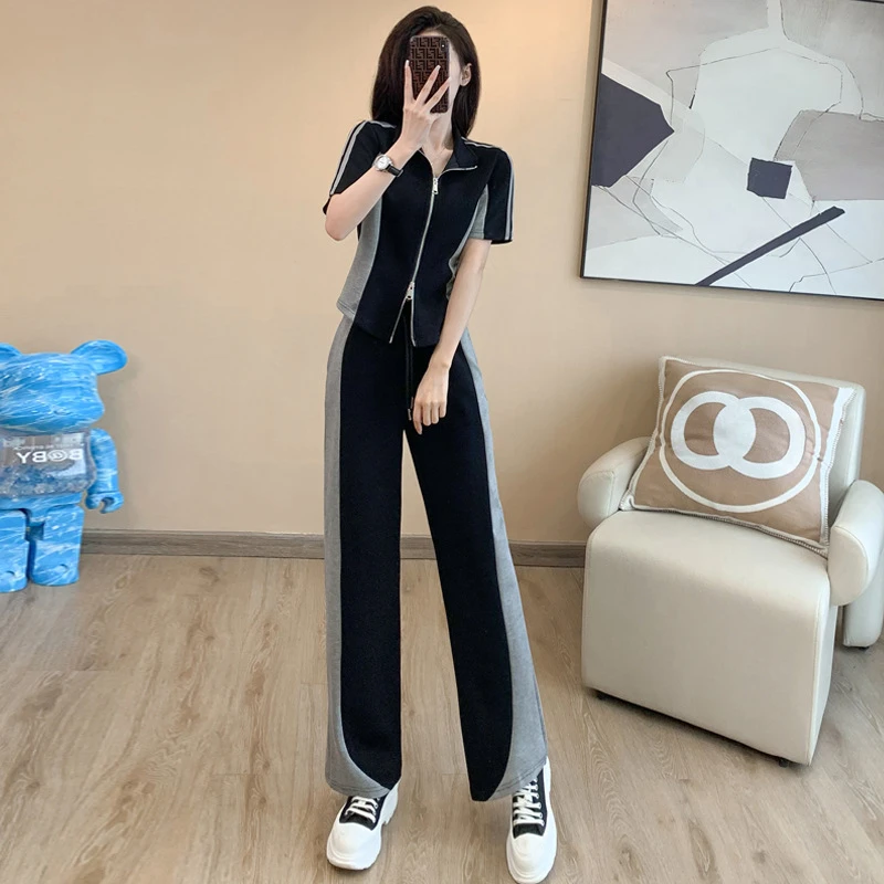时尚炸街运动休闲套装女夏季2025新款修身显瘦减龄阔腿裤两件套潮