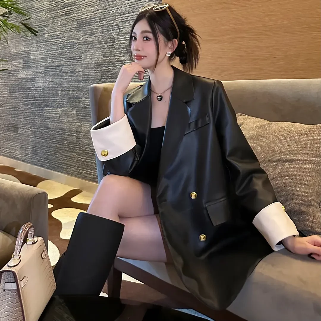 高级感黑色pu皮衣外套女2025春秋韩版宽松休闲设计感拼色西服上衣