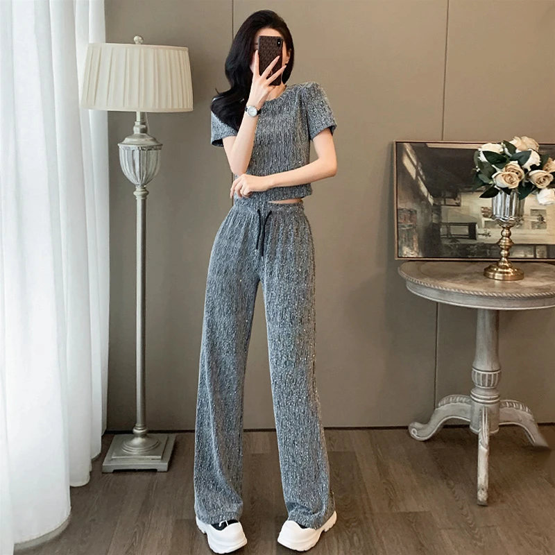 银河系满天星休闲套装女2025夏季新款设计感烫砖短袖阔腿裤两件套