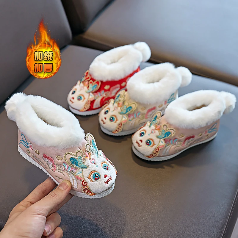 冬季女童汉服鞋子加绒儿童绣花鞋古风可爱宝宝公主鞋古装加厚棉靴