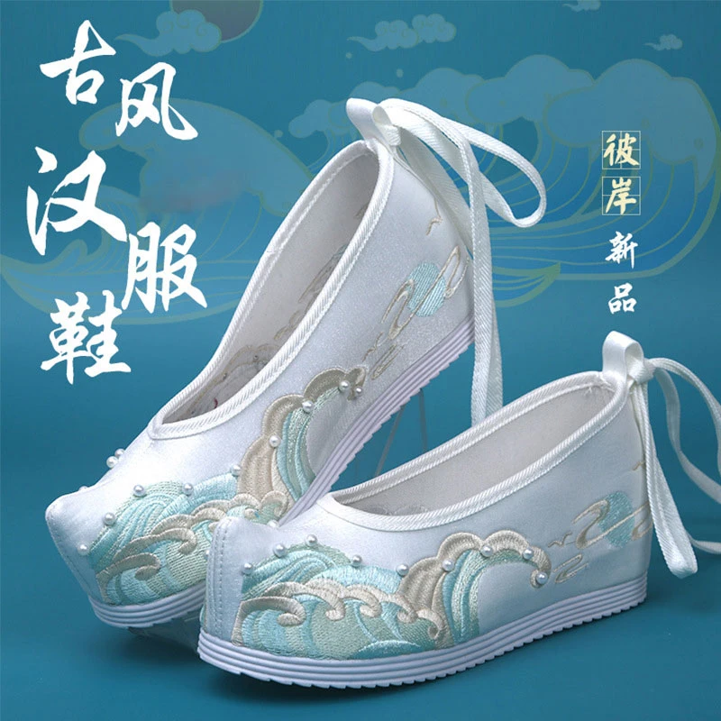 春秋原创汉服鞋子女古风搭配古装鞋内增高翘头珍珠明制绣花鞋弓鞋