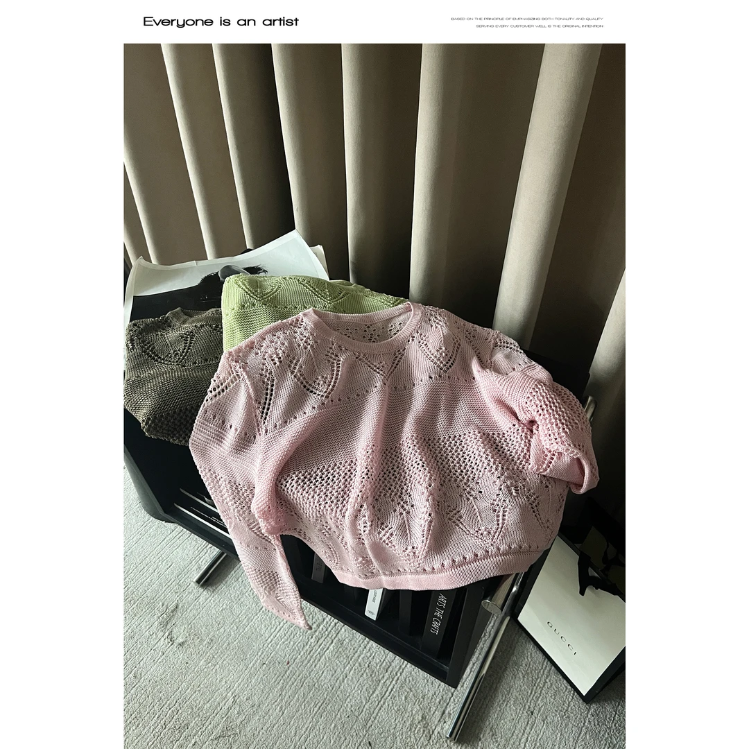 33968长袖针织衫蕾丝女款短款时尚镂空紫色圆领