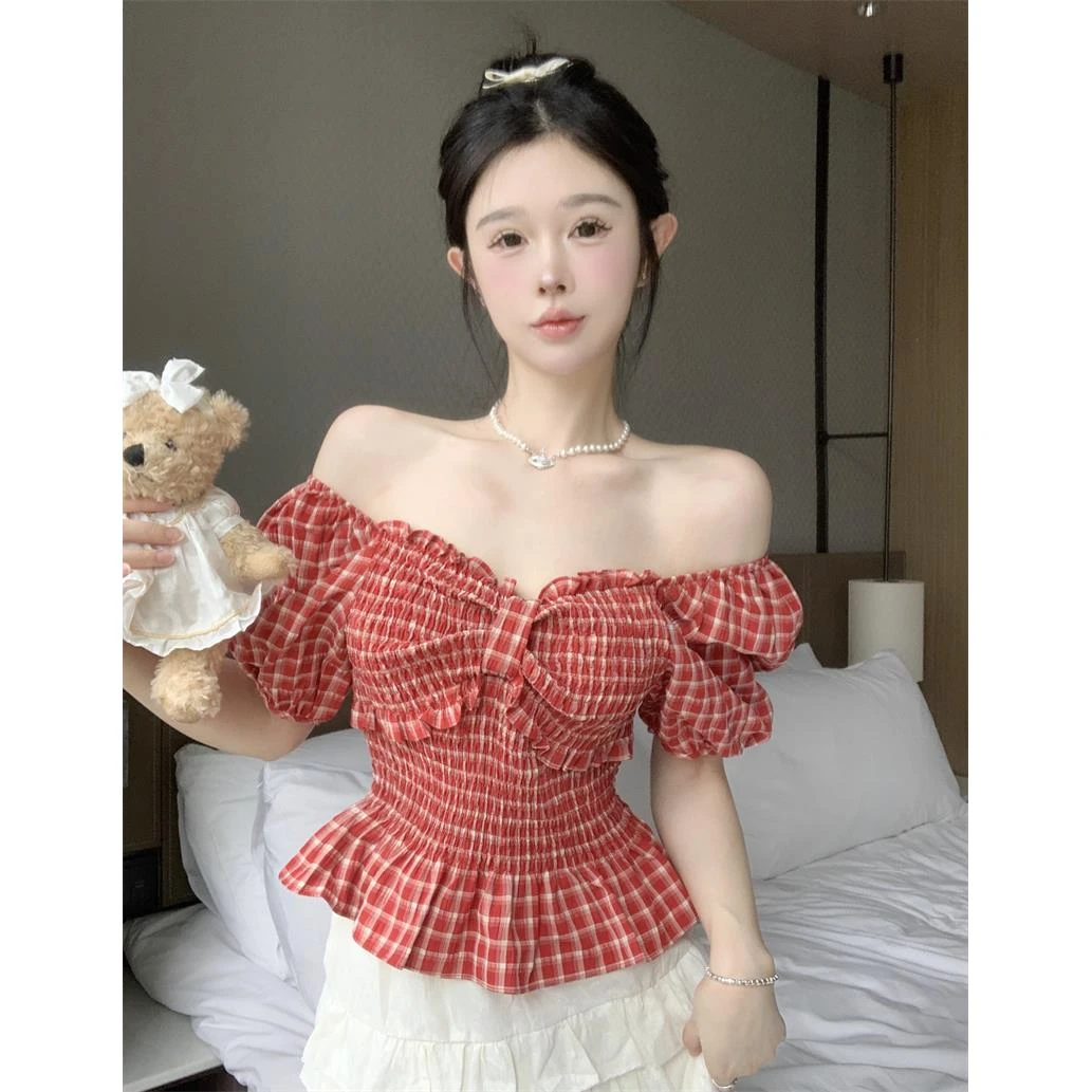 辣妹风一字领泡泡袖衬衫女夏季新款法式甜美露肩修身显瘦短袖上衣