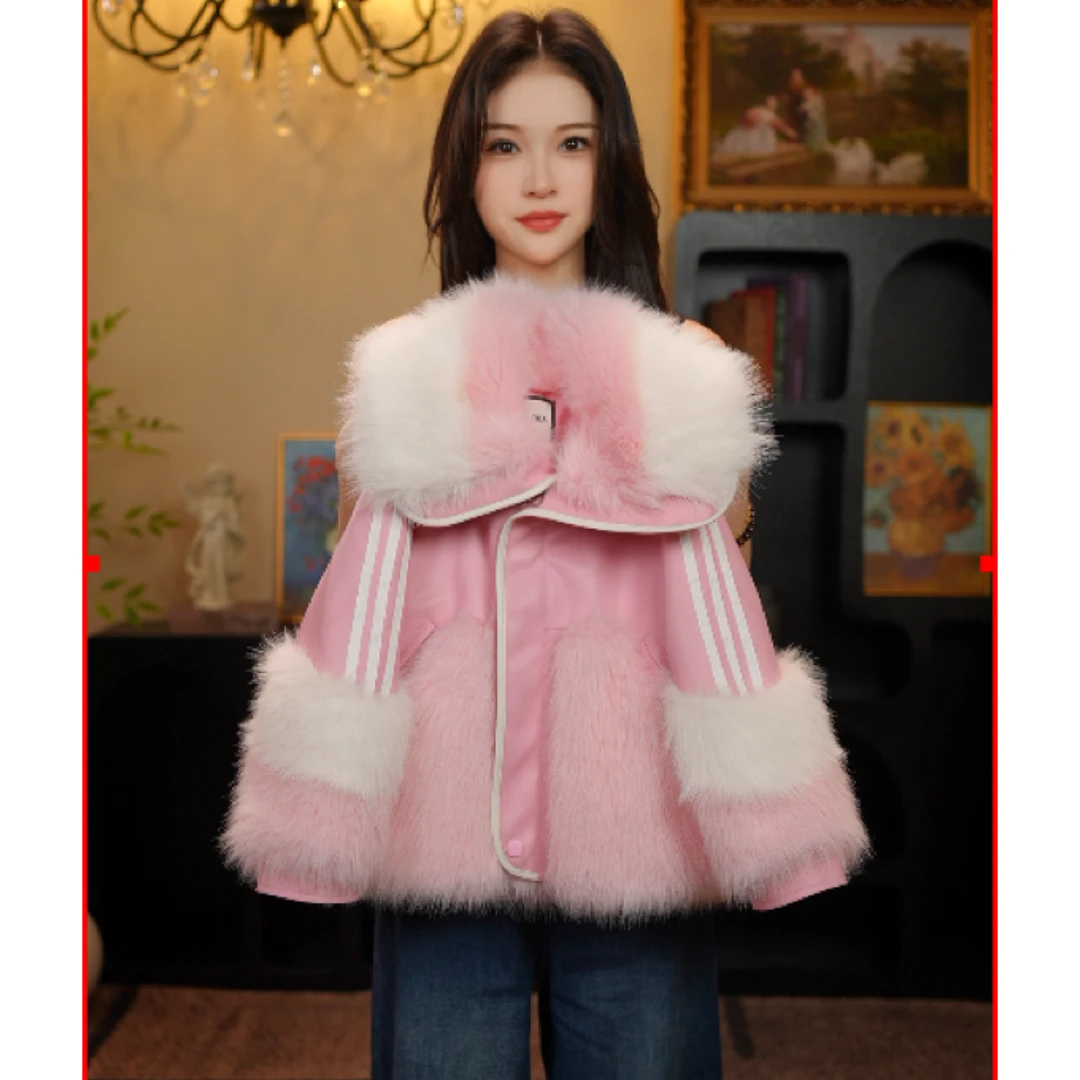 AODUOSEN/奥多森宝藏衣橱上新女童织带拼色小香风皮衣一体毛外套